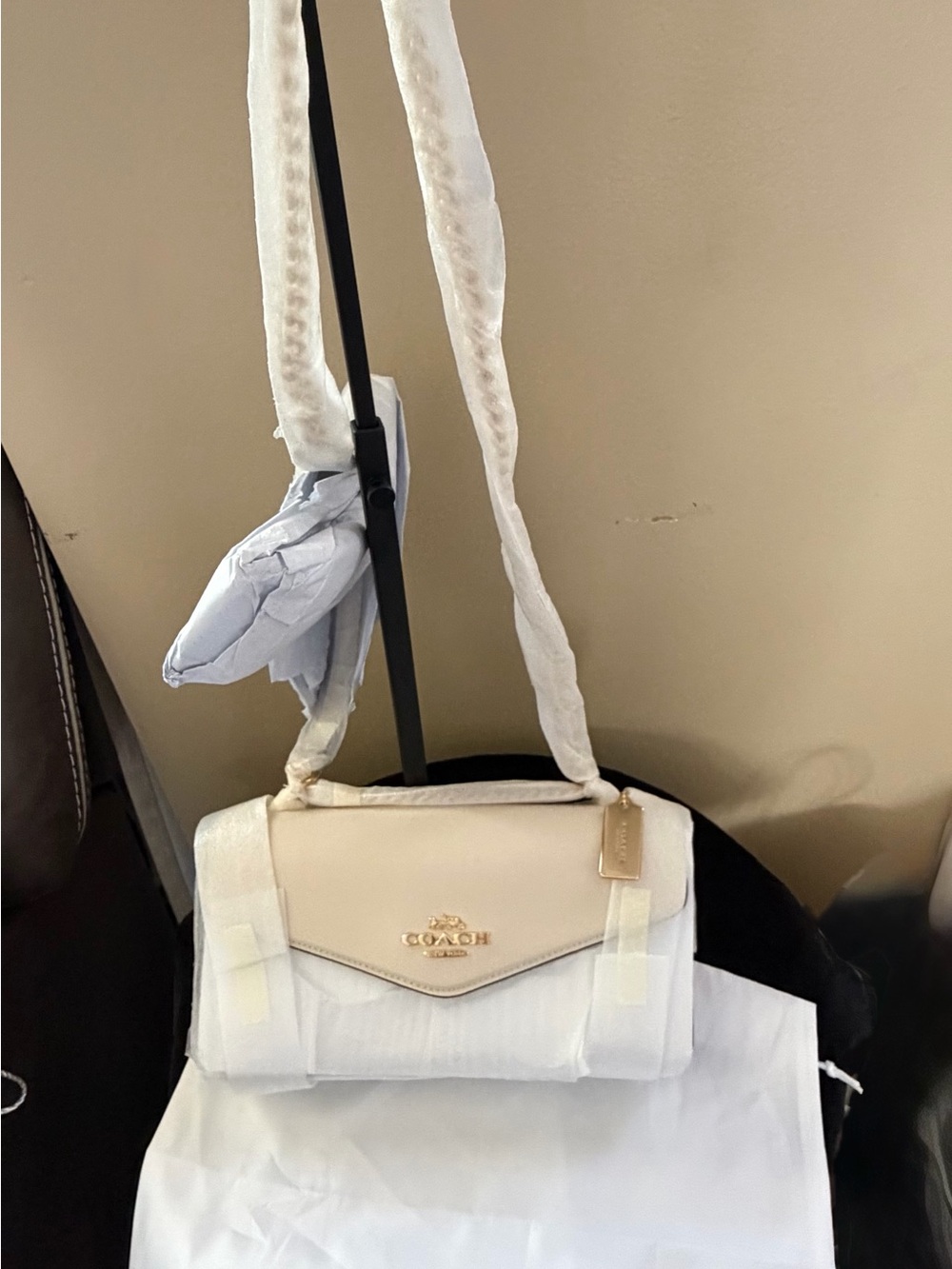 Coach Cream Leather Flap Crossbody with Gold-Tone Logo